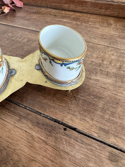 Pots à condiments en laiton et porcelaine XIXème