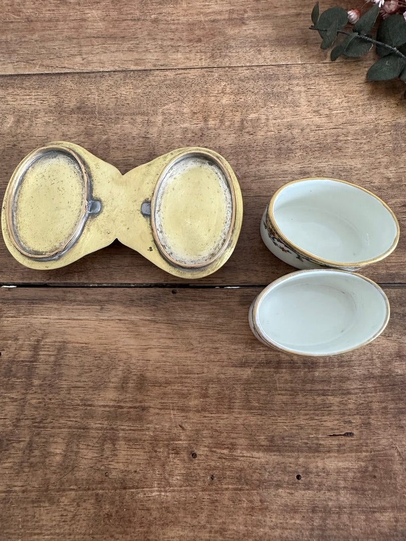 Pots à condiments en laiton et porcelaine XIXème