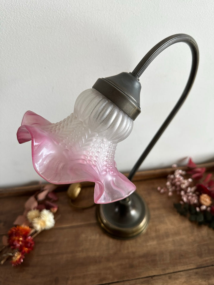 Lampe col de cygne globe en verre dépoli rose