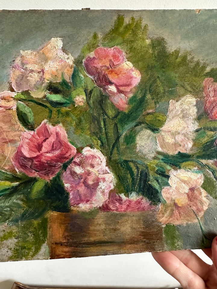 Peinture bouquet de fleurs roses fond bleu gris, sur carton épais 1920