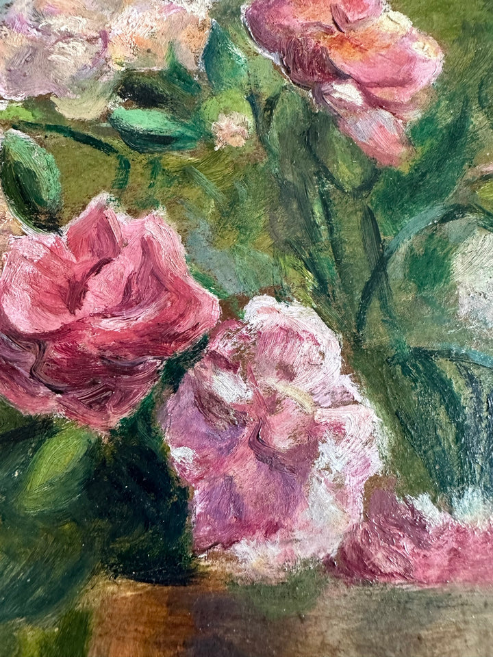 Peinture bouquet de fleurs roses fond bleu gris, sur carton épais 1920