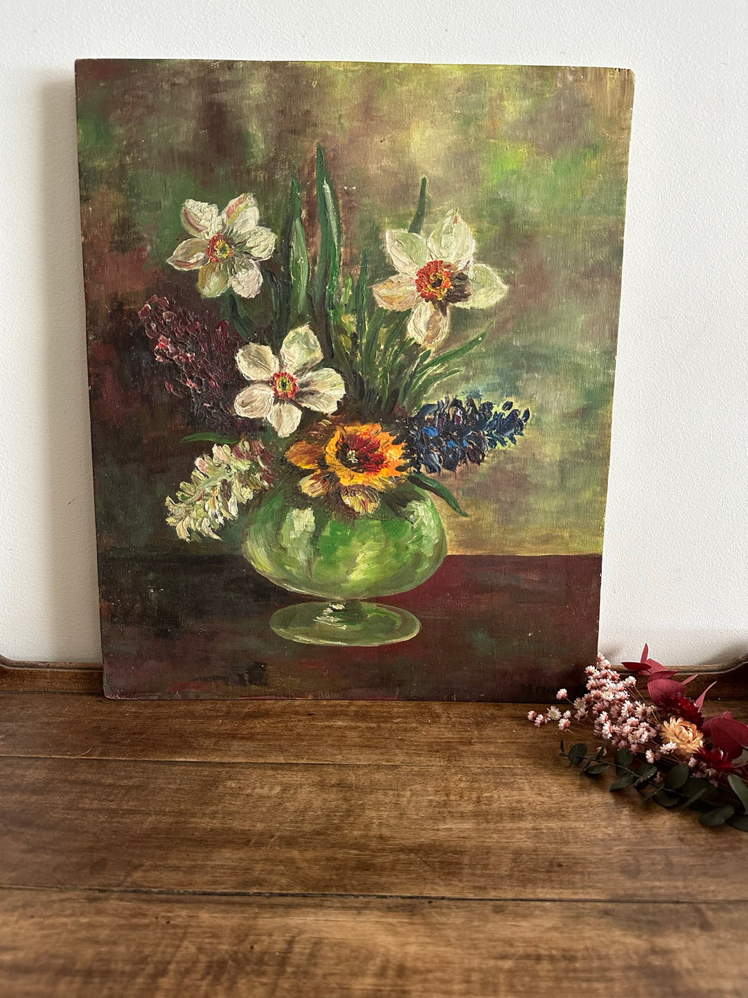 Peinture bouquet de fleurs signée fond vert années 66