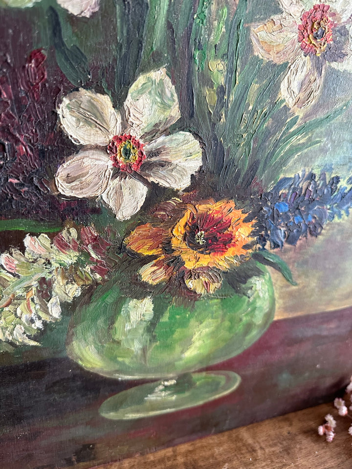 Peinture bouquet de fleurs signée fond vert années 66