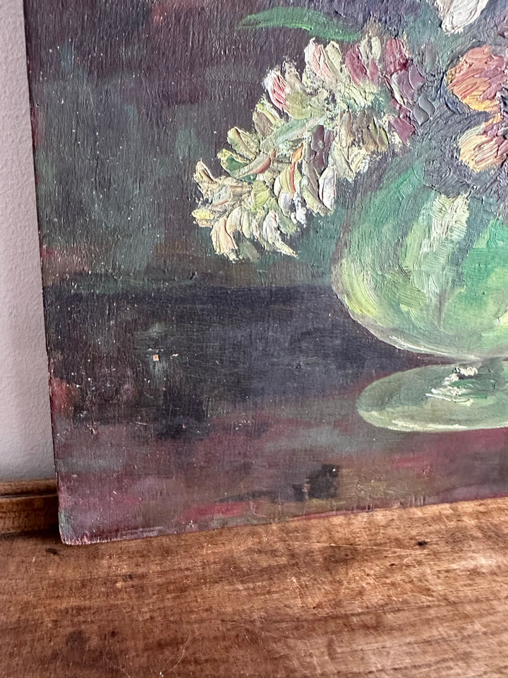 Peinture bouquet de fleurs signée fond vert années 66