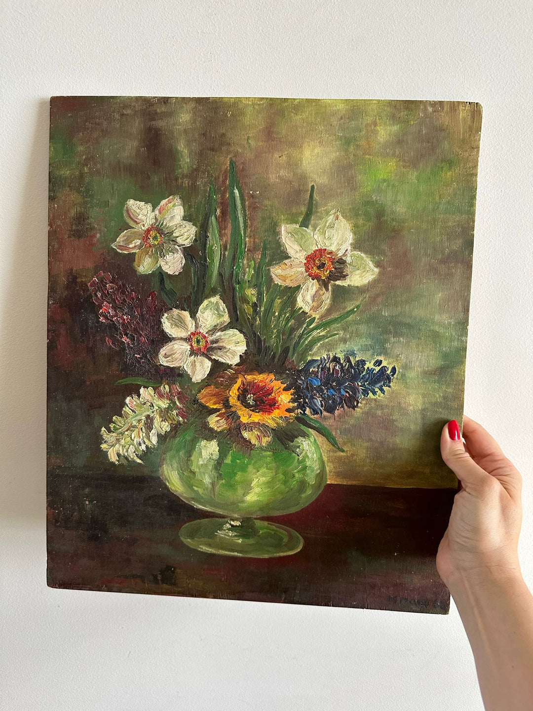 Peinture bouquet de fleurs signée fond vert années 66