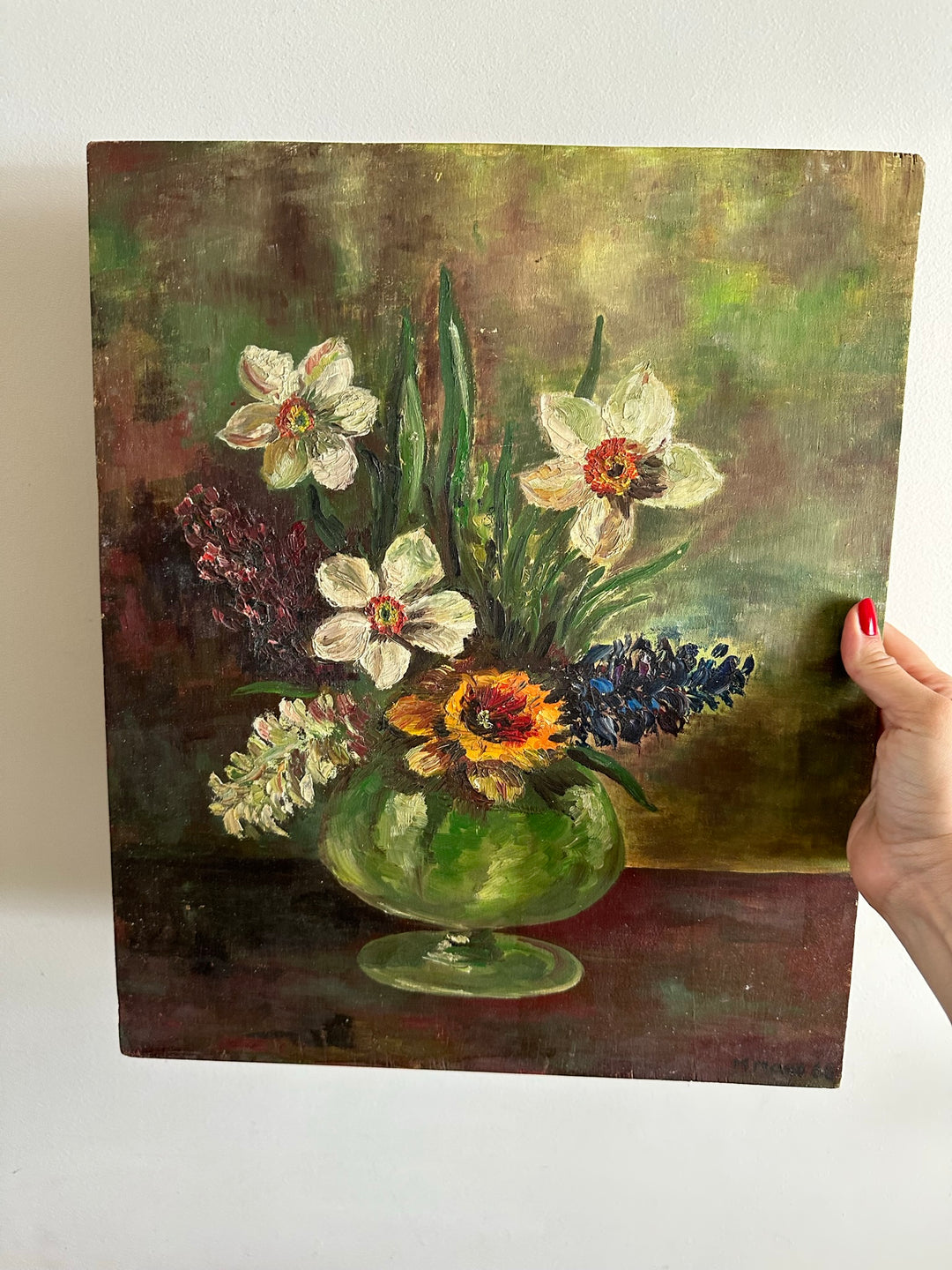 Peinture bouquet de fleurs signée fond vert années 66