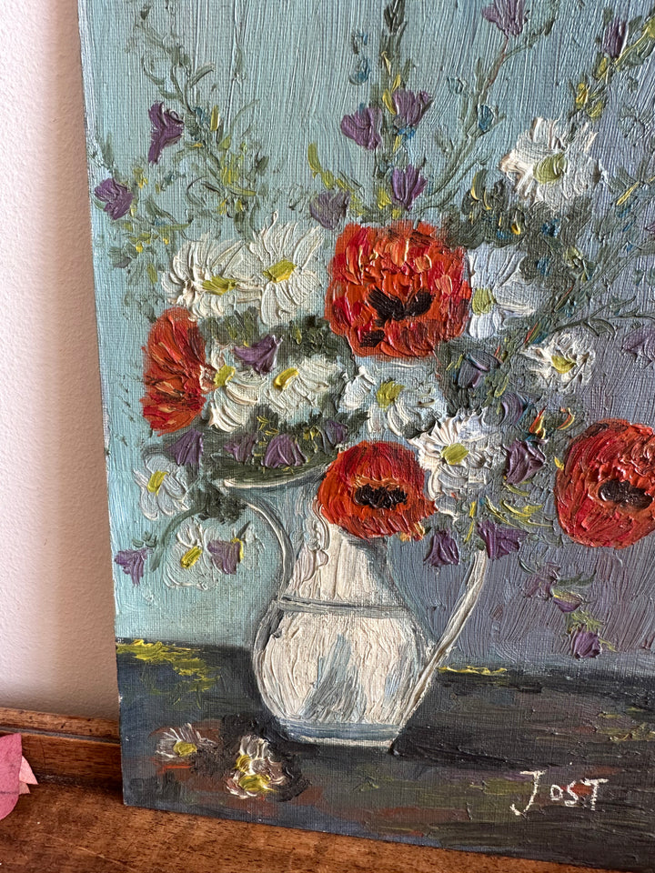 Tableau bouquet de coquelicots sur fond bleu