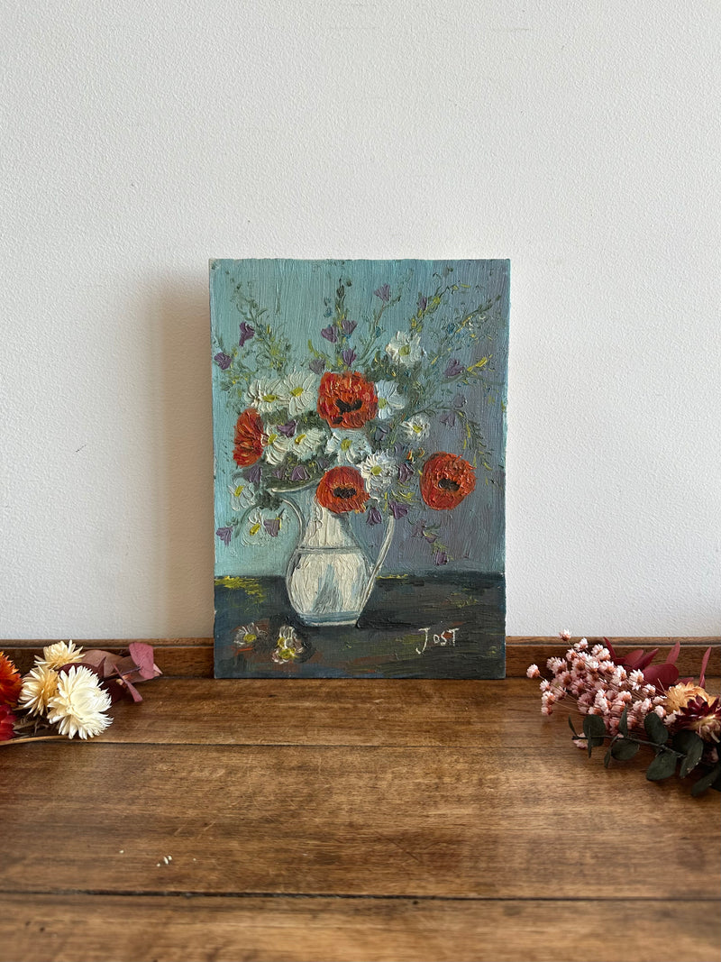 Tableau bouquet de coquelicots sur fond bleu