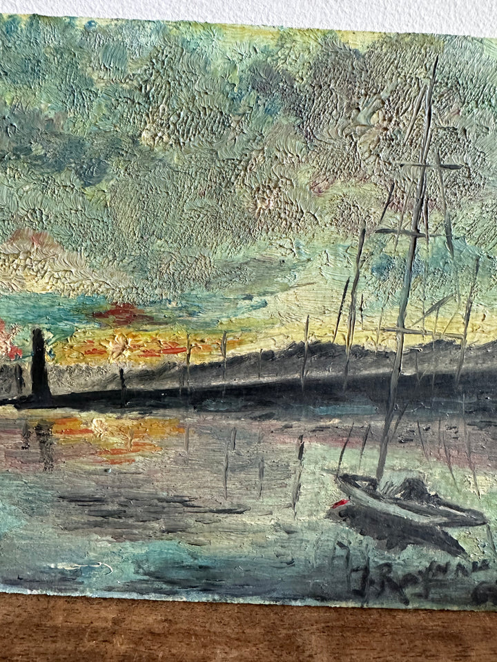 Peinture marine phare et coucher de soleil signée