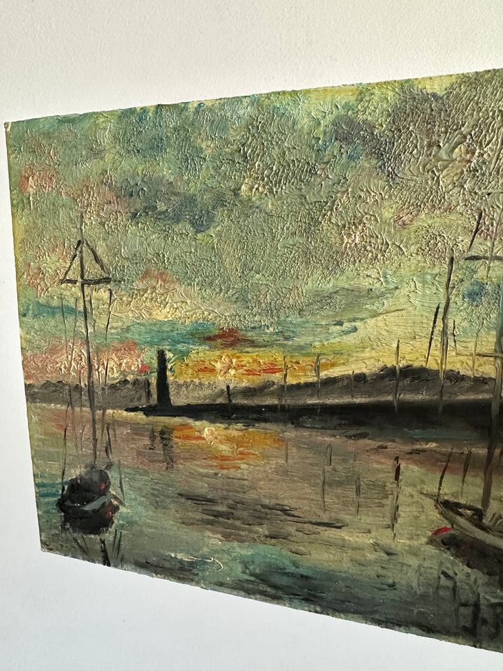 Peinture marine phare et coucher de soleil signée