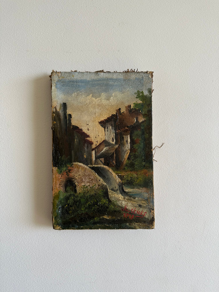 Peinture sur toile hameau et pont signé 19 ème