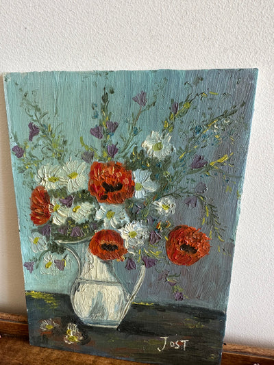 Tableau bouquet de coquelicots sur fond bleu