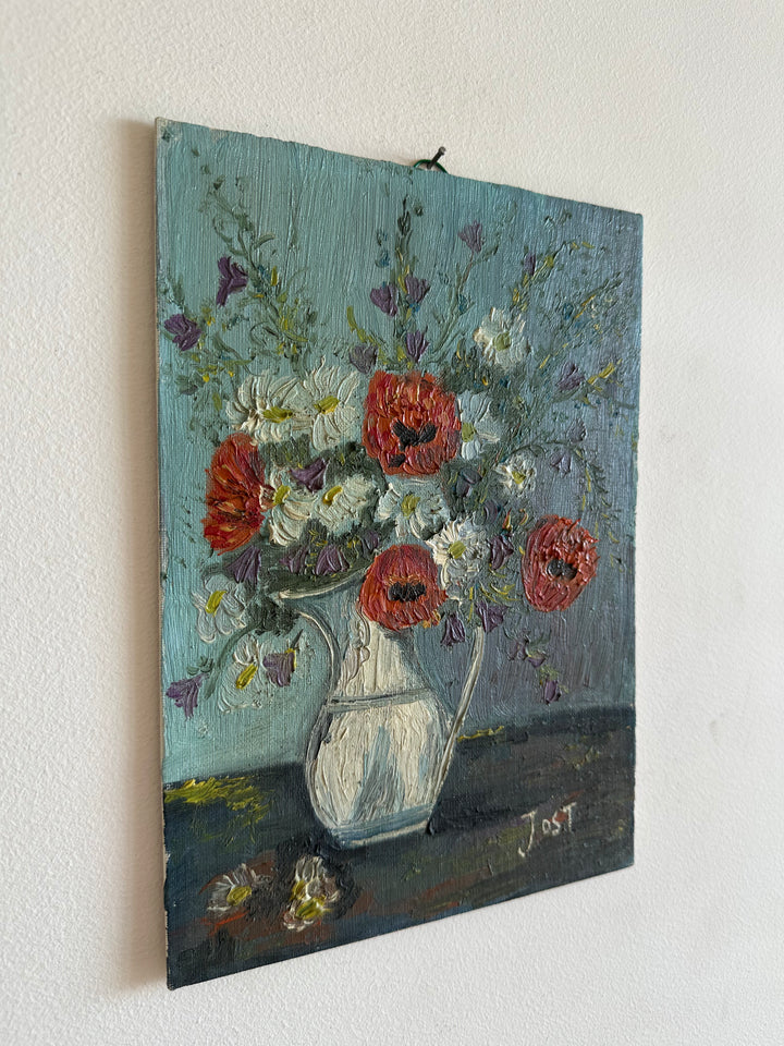 Tableau bouquet de coquelicots sur fond bleu