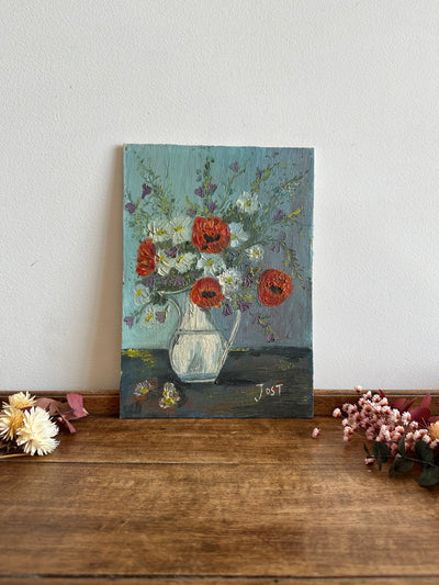 Tableau bouquet de coquelicots sur fond bleu