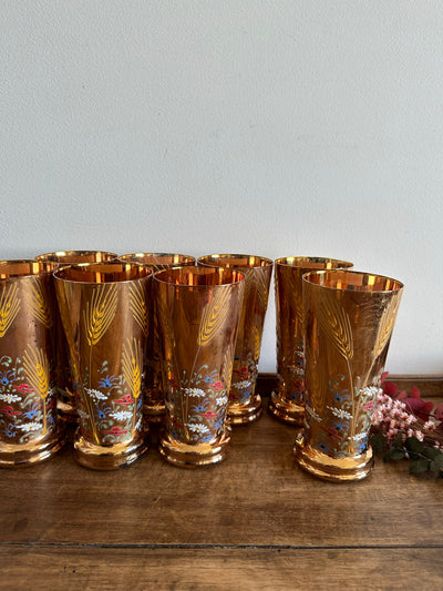 Service verres à eau recouvert de feuille d'or, motifs fleurs peints à la main
