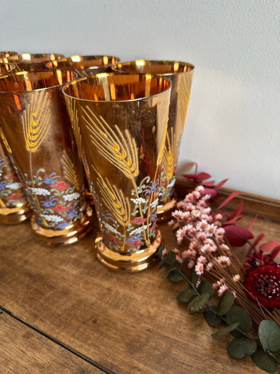 Service verres à eau recouvert de feuille d'or, motifs fleurs peints à la main