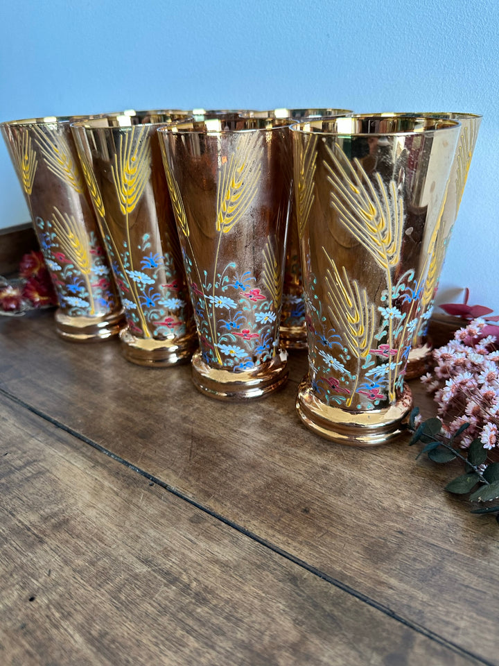 Service verres à eau recouvert de feuille d'or, motifs fleurs peints à la main