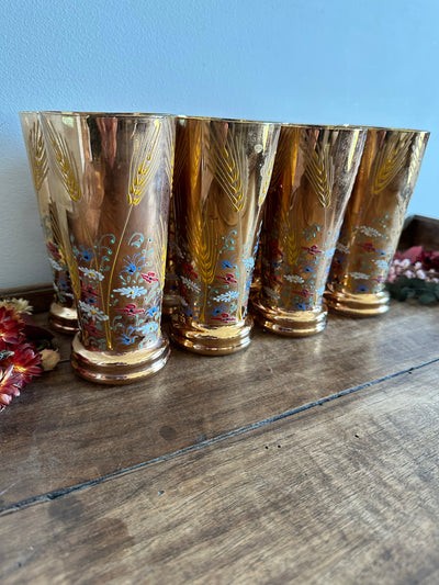 Service verres à eau recouvert de feuille d'or, motifs fleurs peints à la main