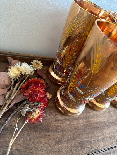 Service verres à eau recouvert de feuille d'or, motifs fleurs peints à la main