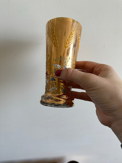 Service verres à eau recouvert de feuille d'or, motifs fleurs peints à la main