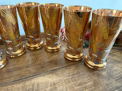 Service verres à eau recouvert de feuille d'or, motifs fleurs peints à la main