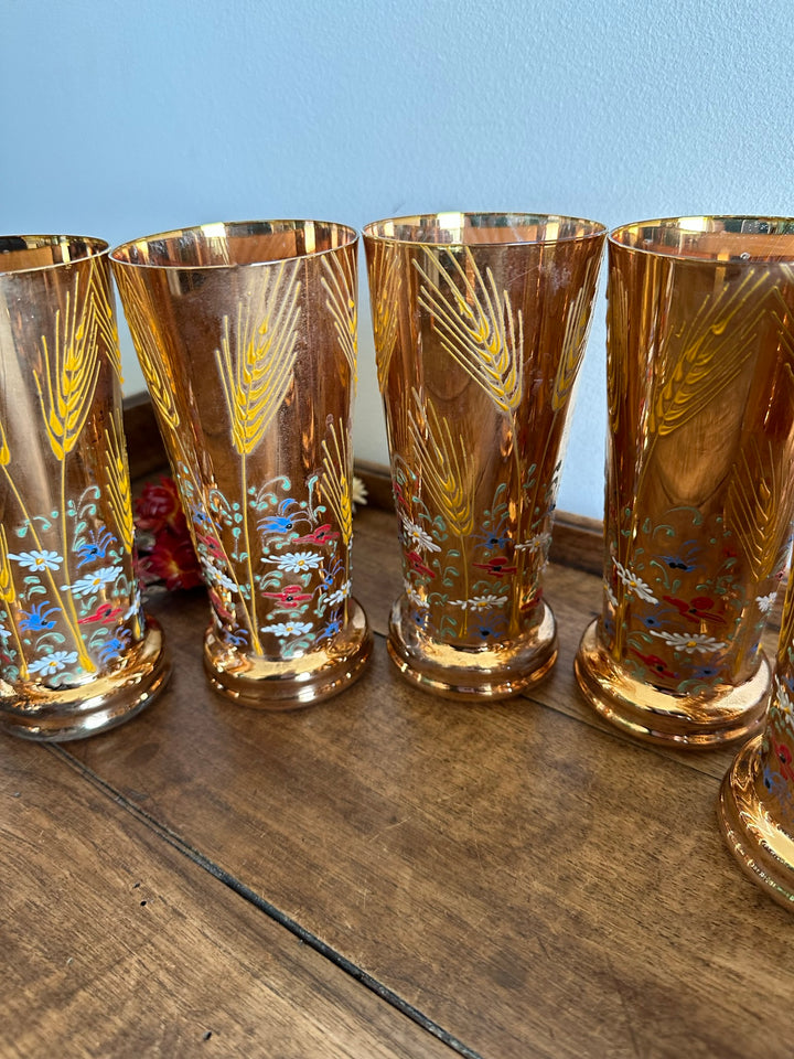 Service verres à eau recouvert de feuille d'or, motifs fleurs peints à la main