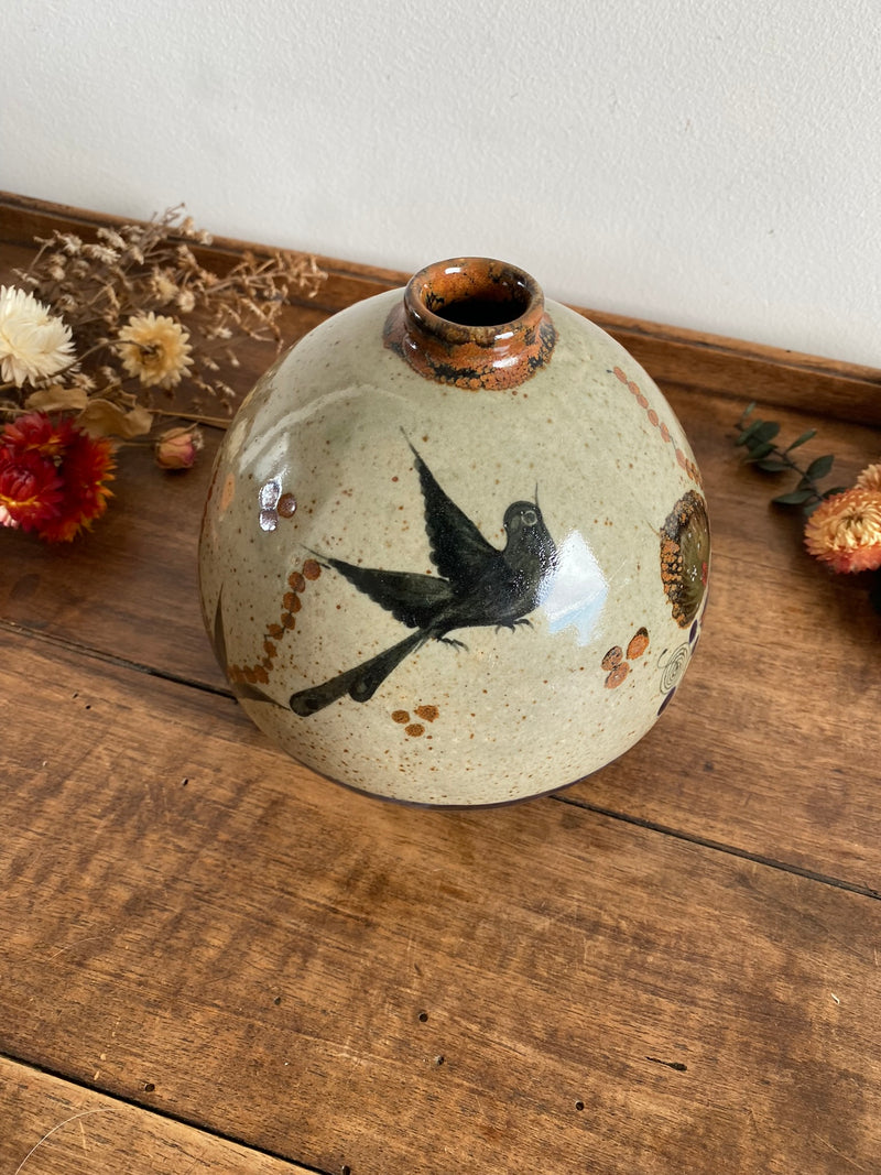 Vase en grès verni décoration oiseau et fleurs Anfora Agueda