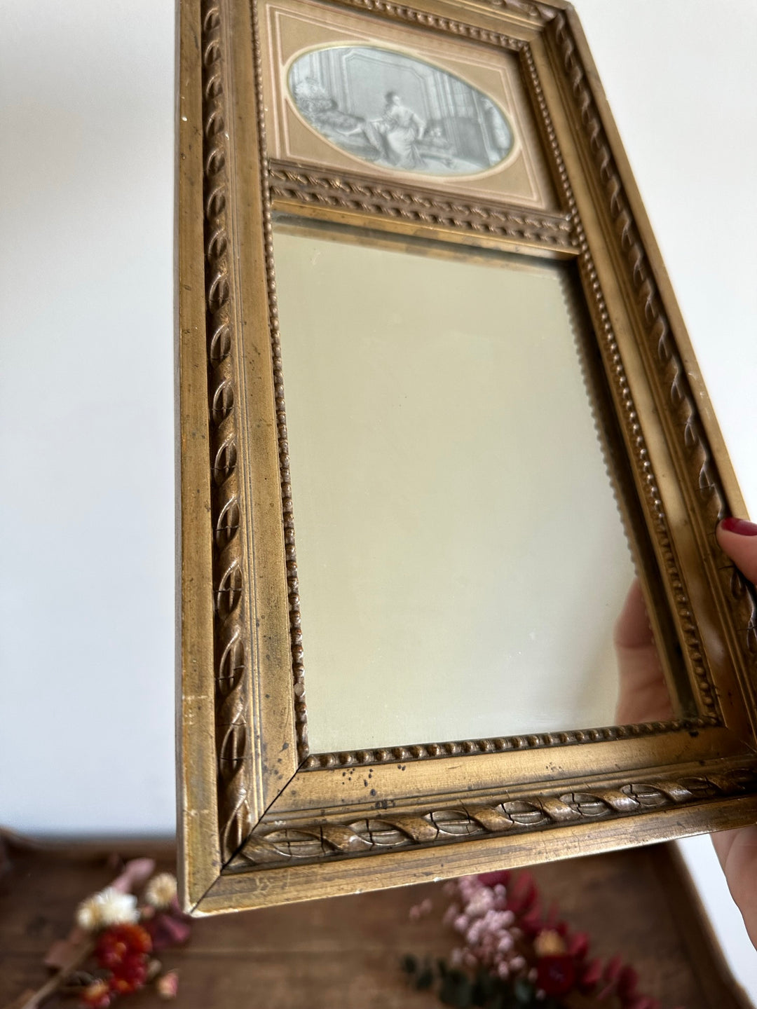 Miroir trumeaux S gravure d'époque cadre en bois doré