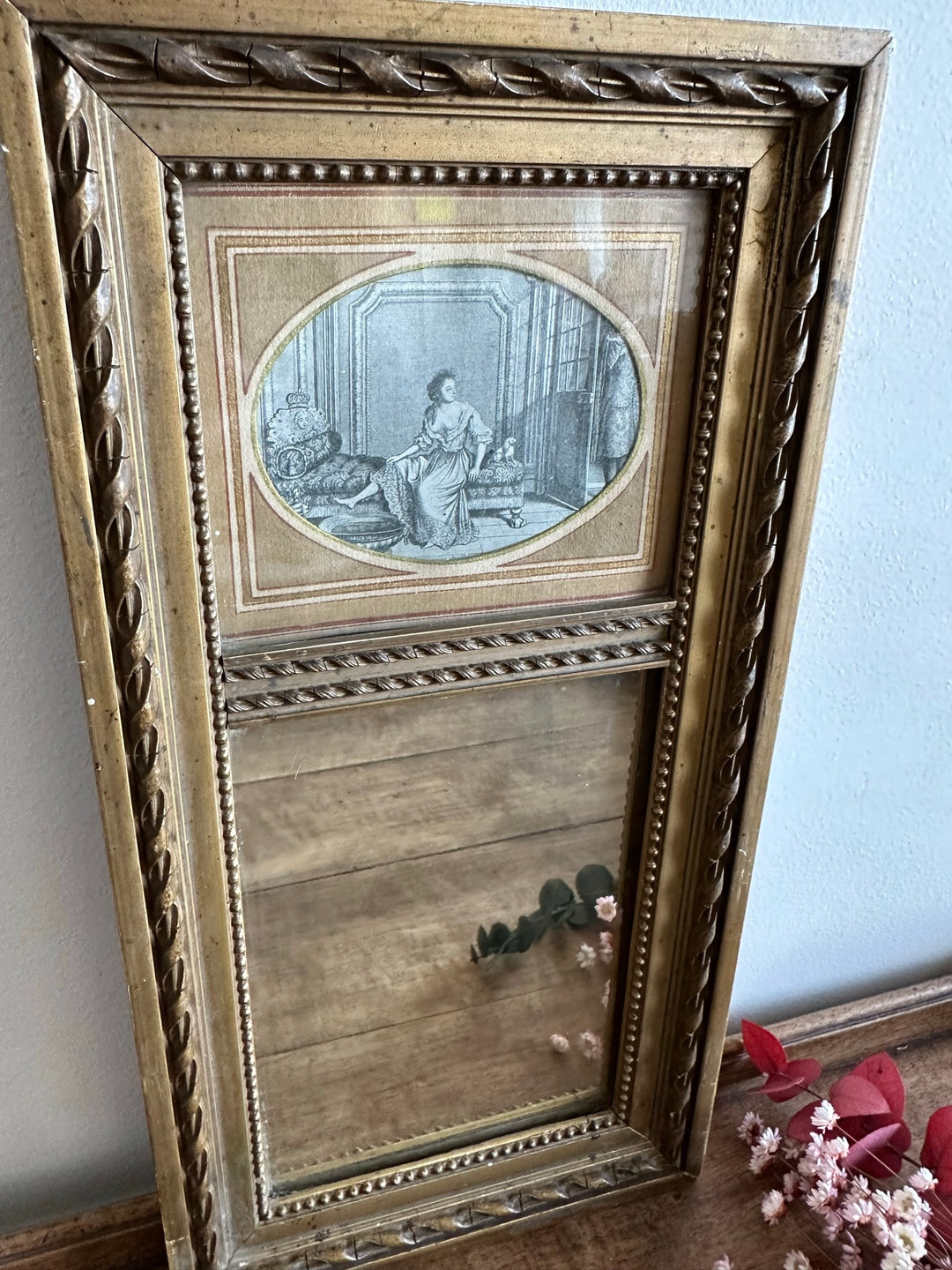 Miroir trumeaux S gravure d'époque cadre en bois doré