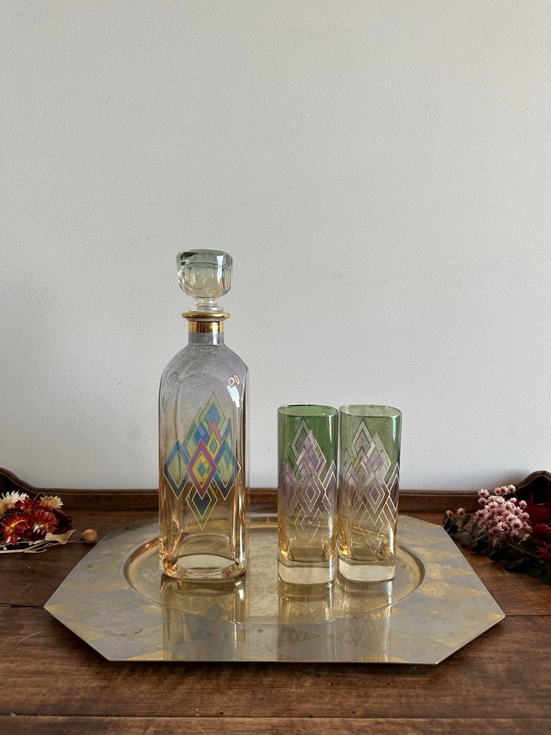 Set carafe verres et plateau motifs losanges années 60