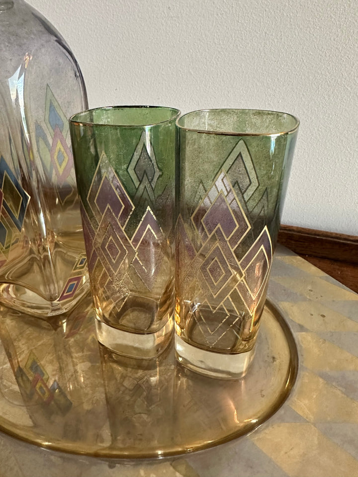 Set carafe verres et plateau motifs losanges années 60