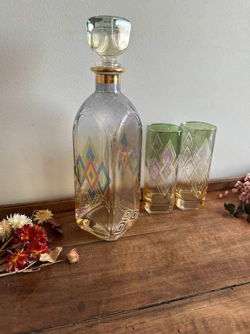 Set carafe verres et plateau motifs losanges années 60