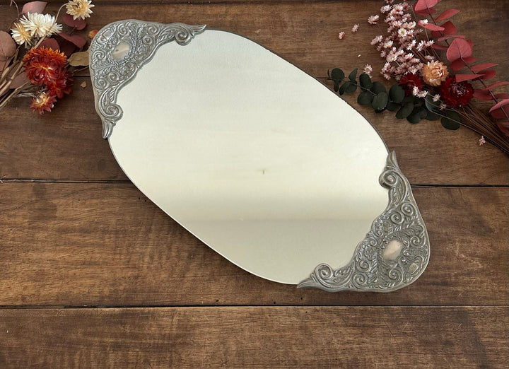 Plateau miroir en métal argenté style art déco