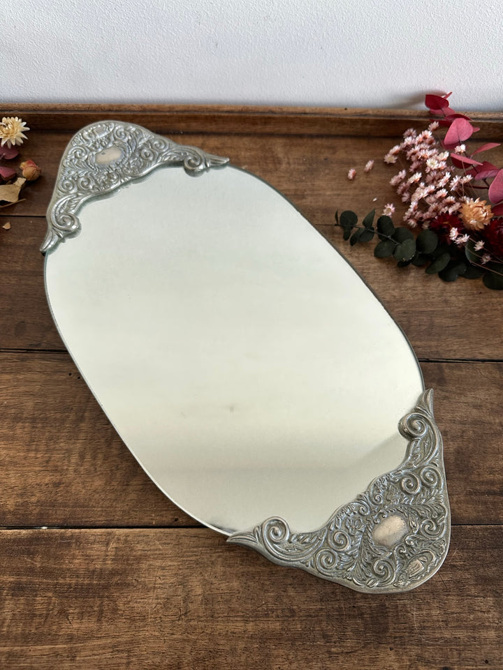 Plateau miroir en métal argenté style art déco