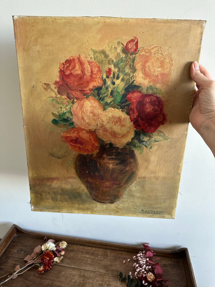 Peinture bouquet de fleurs sur toile signée  M. Lebaron