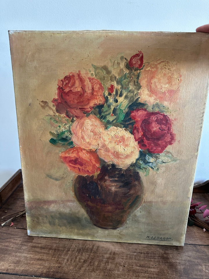 Peinture bouquet de fleurs sur toile signée  M. Lebaron