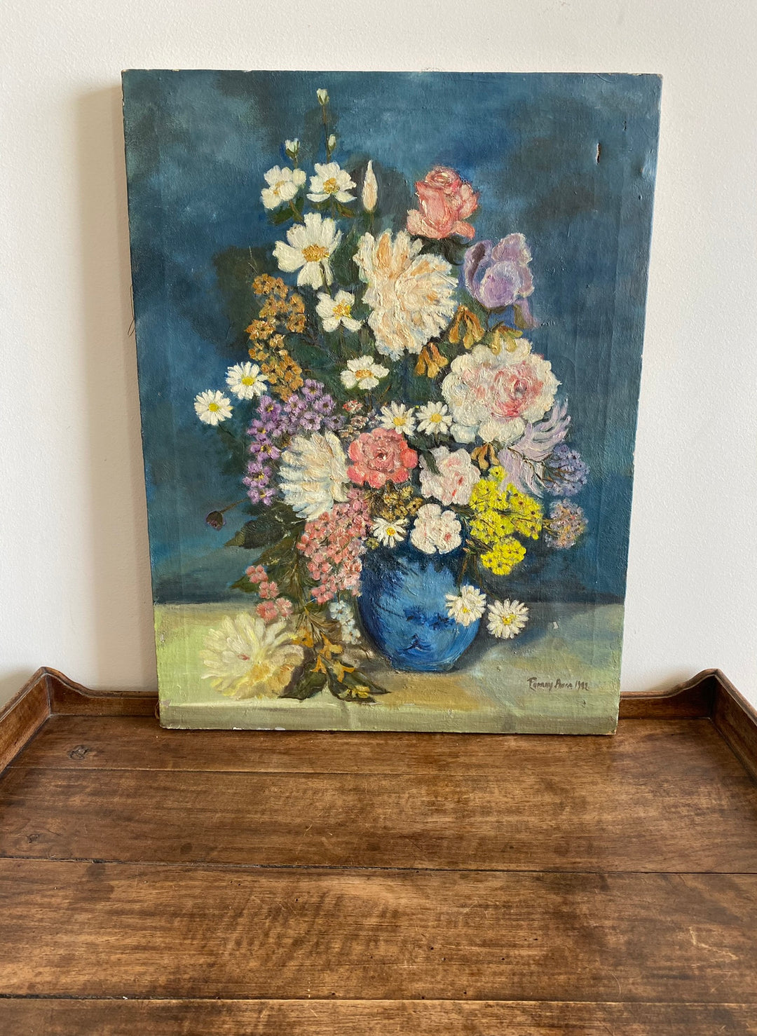 Peinture sur toile signée bouquet de fleurs tons bleus