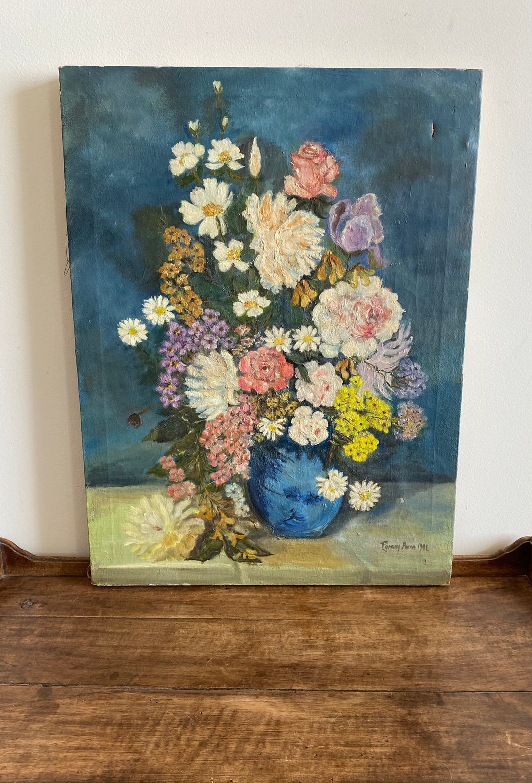 Peinture sur toile signée bouquet de fleurs tons bleus