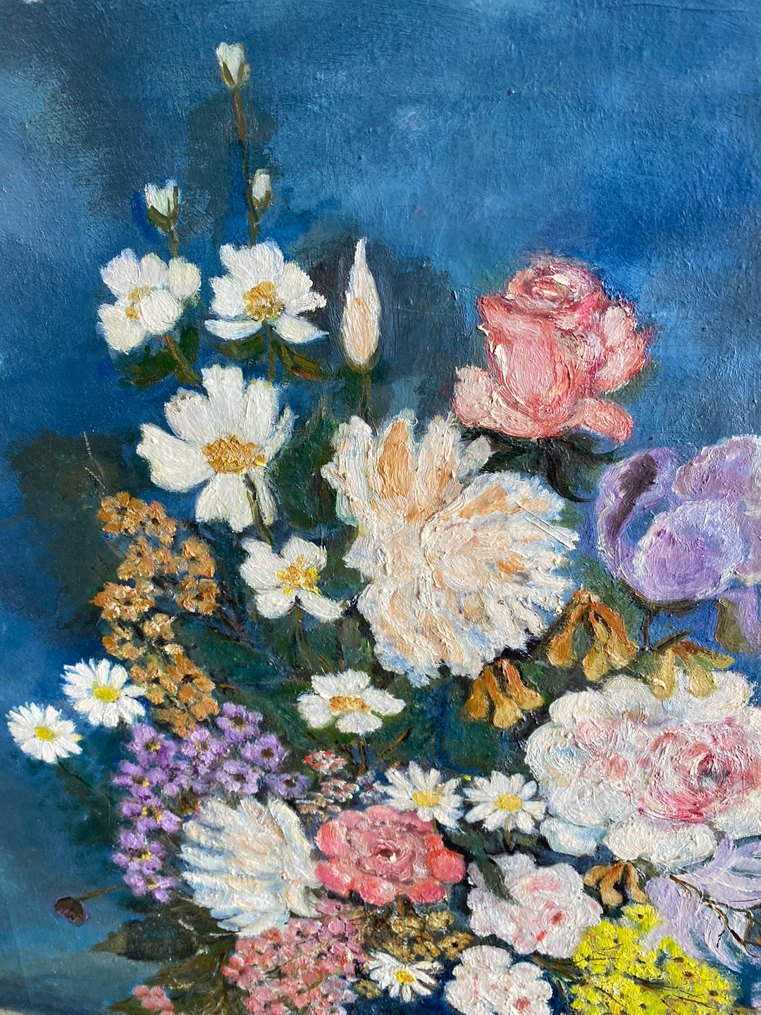 Peinture sur toile signée bouquet de fleurs tons bleus