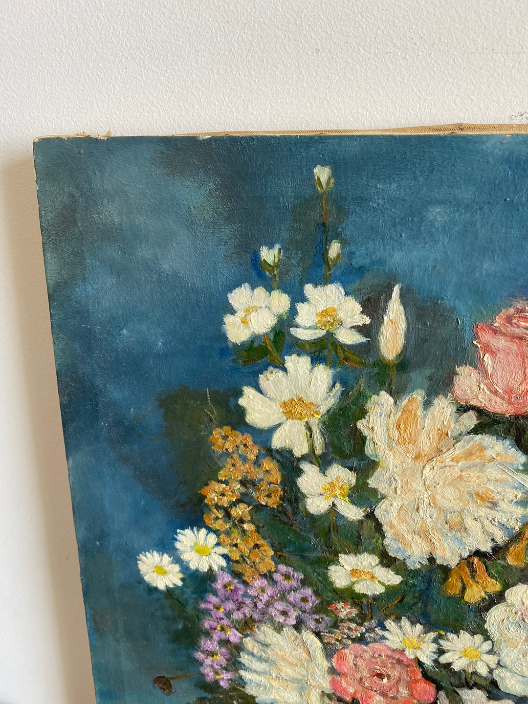 Peinture sur toile signée bouquet de fleurs tons bleus