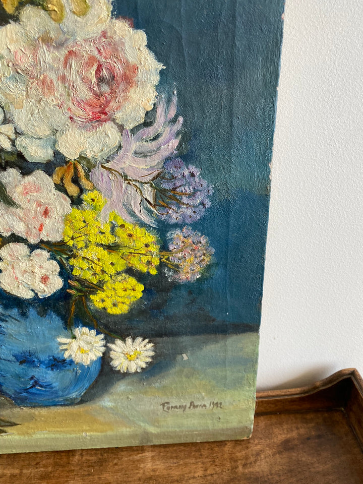 Peinture sur toile signée bouquet de fleurs tons bleus