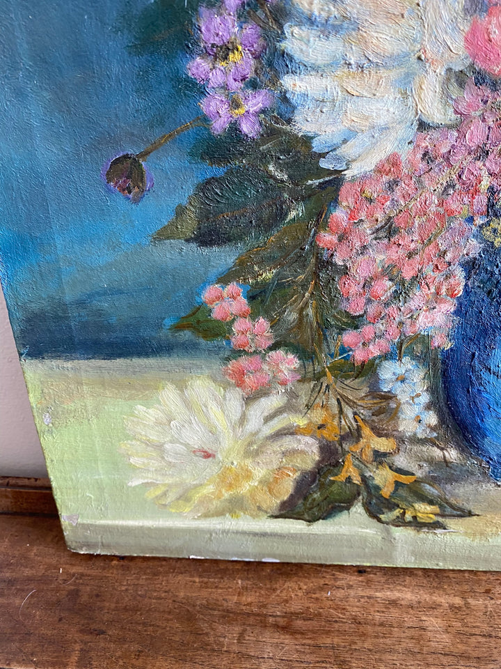 Peinture sur toile signée bouquet de fleurs tons bleus