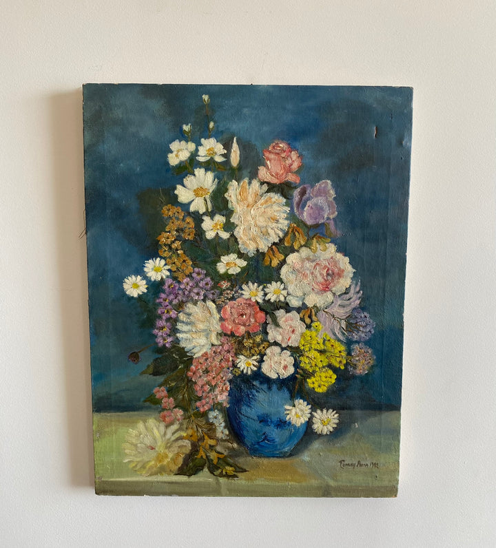 Peinture sur toile signée bouquet de fleurs tons bleus