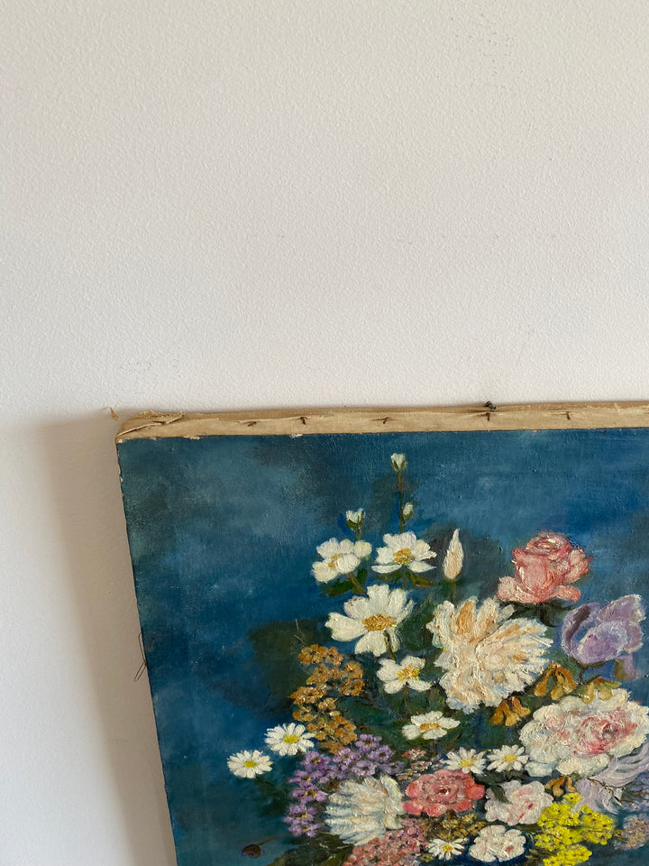 Peinture sur toile signée bouquet de fleurs tons bleus