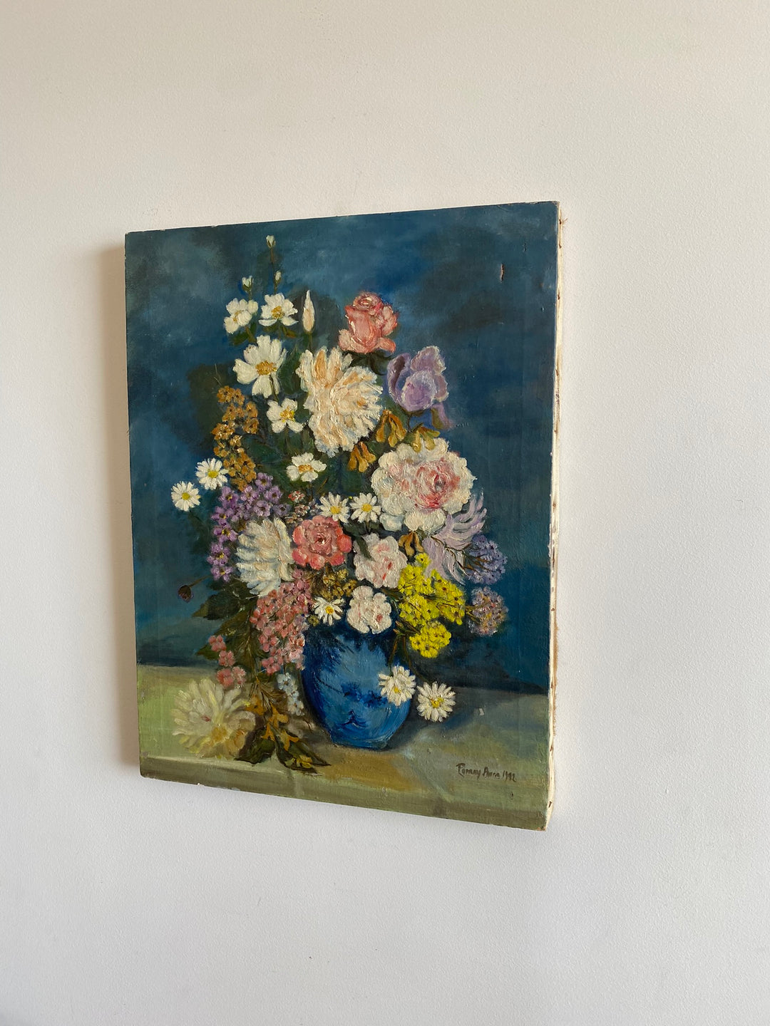 Peinture sur toile signée bouquet de fleurs tons bleus