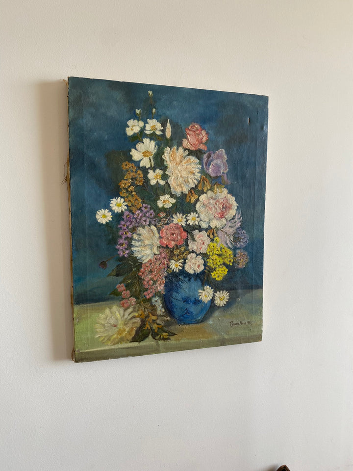 Peinture sur toile signée bouquet de fleurs tons bleus