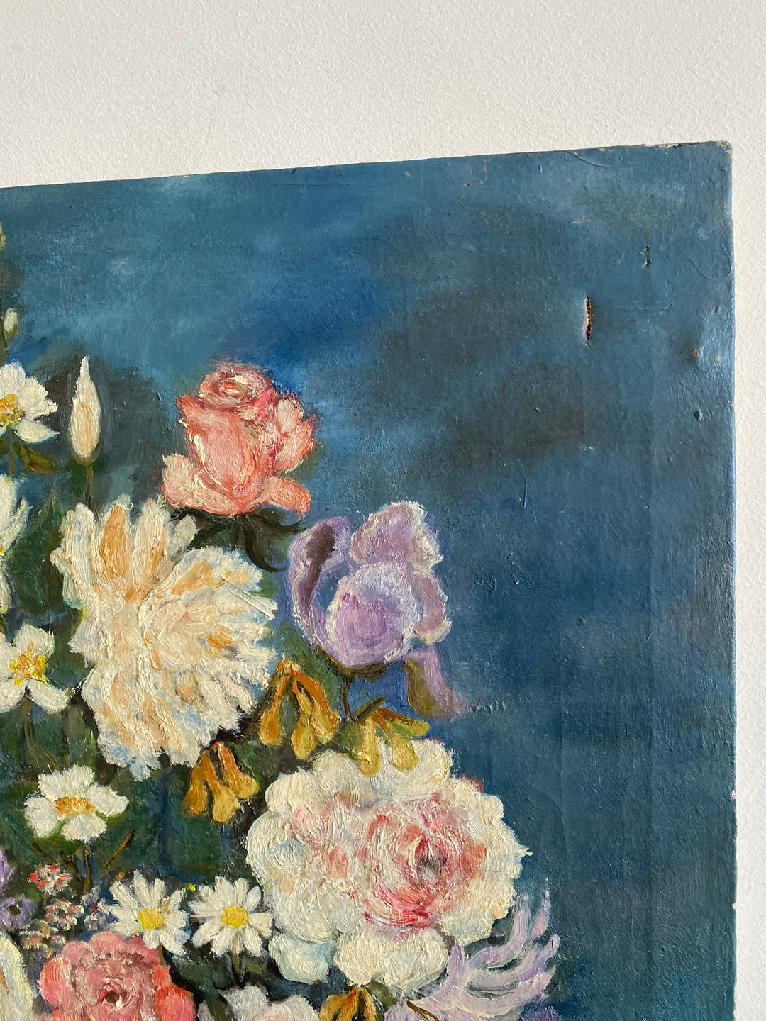 Peinture sur toile signée bouquet de fleurs tons bleus