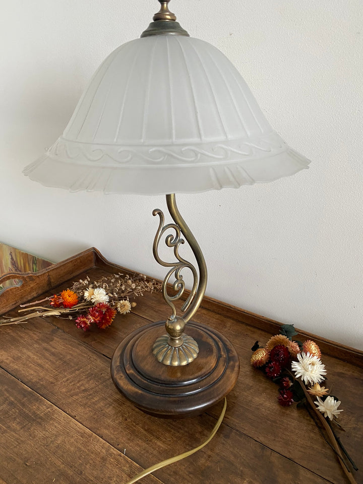 Lampe de chevet bois laiton et verre