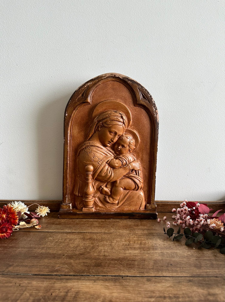 Icône bas relief de la vierge et l'enfant