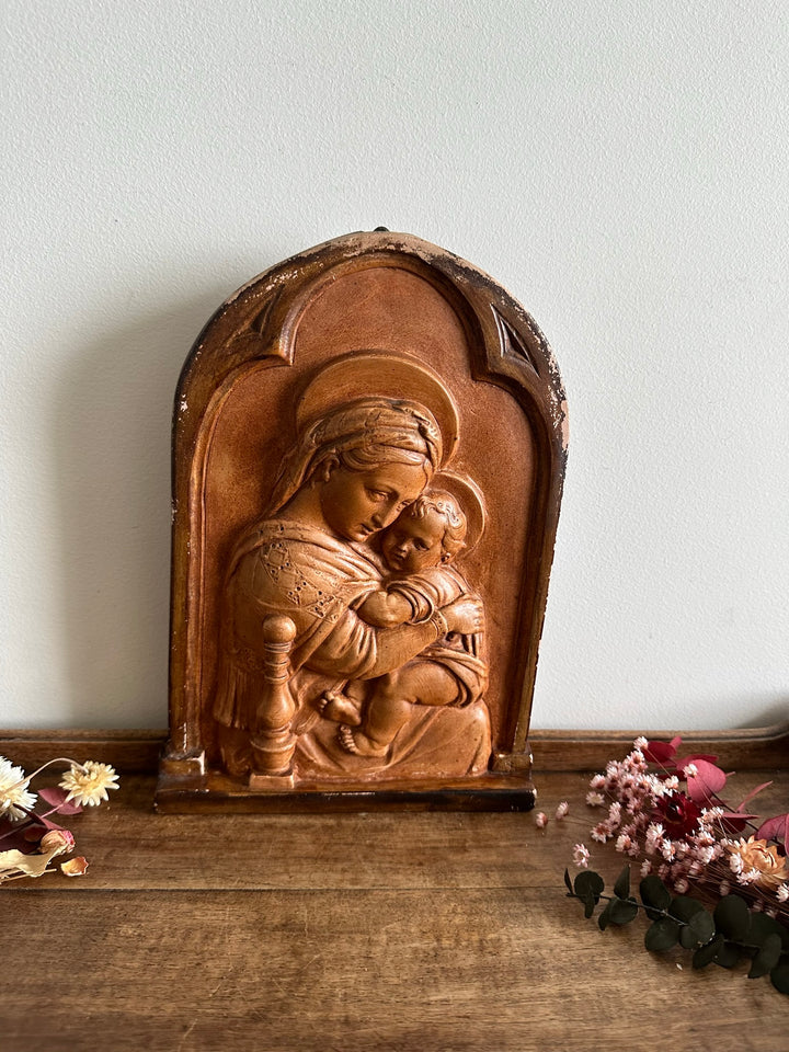 Icône bas relief de la vierge et l'enfant